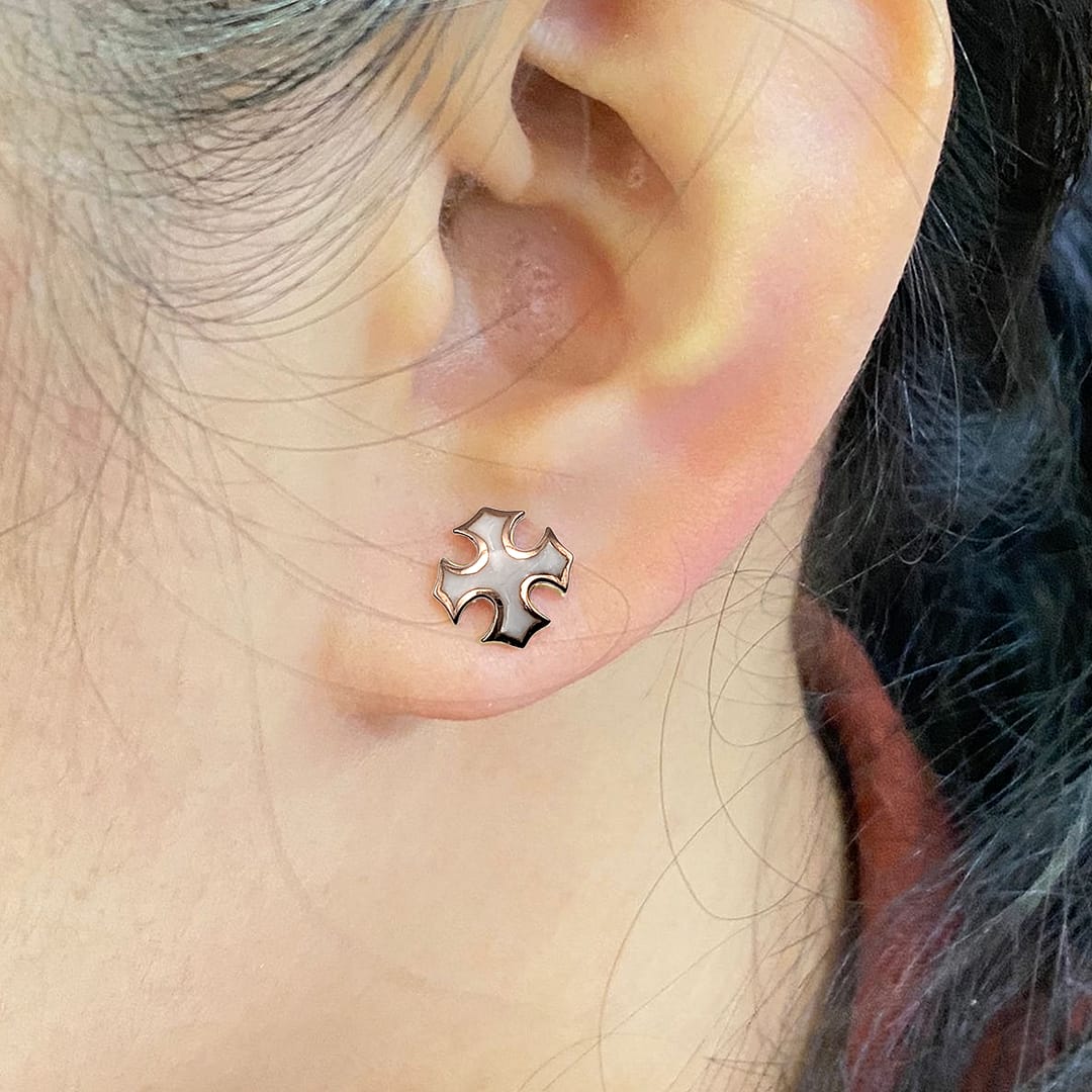 METAL + PS STUD EARRINGS 15 (925 18 K RG Vermeil Cold Enamel White) - Image 5