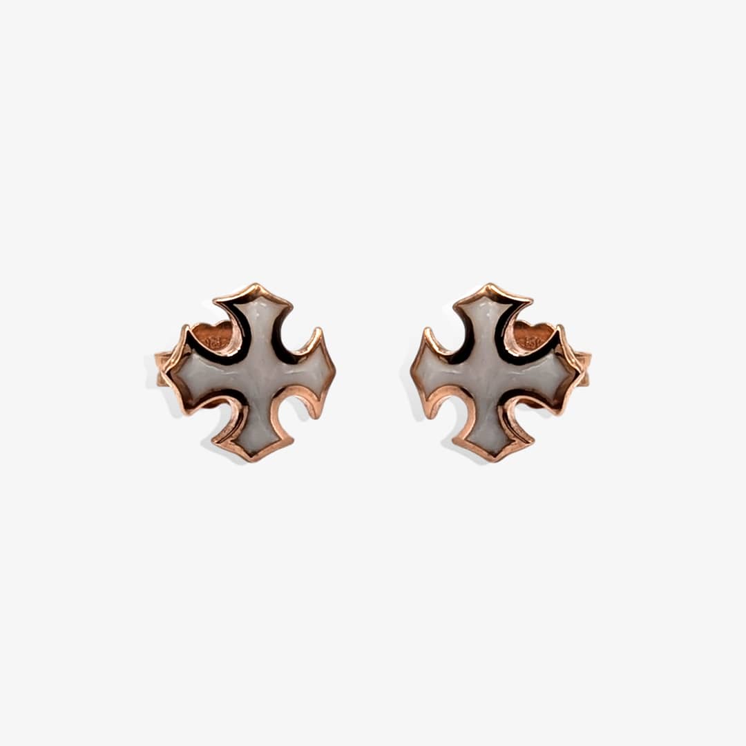 METAL + PS STUD EARRINGS 15 (925 18 K RG Vermeil Cold Enamel White)