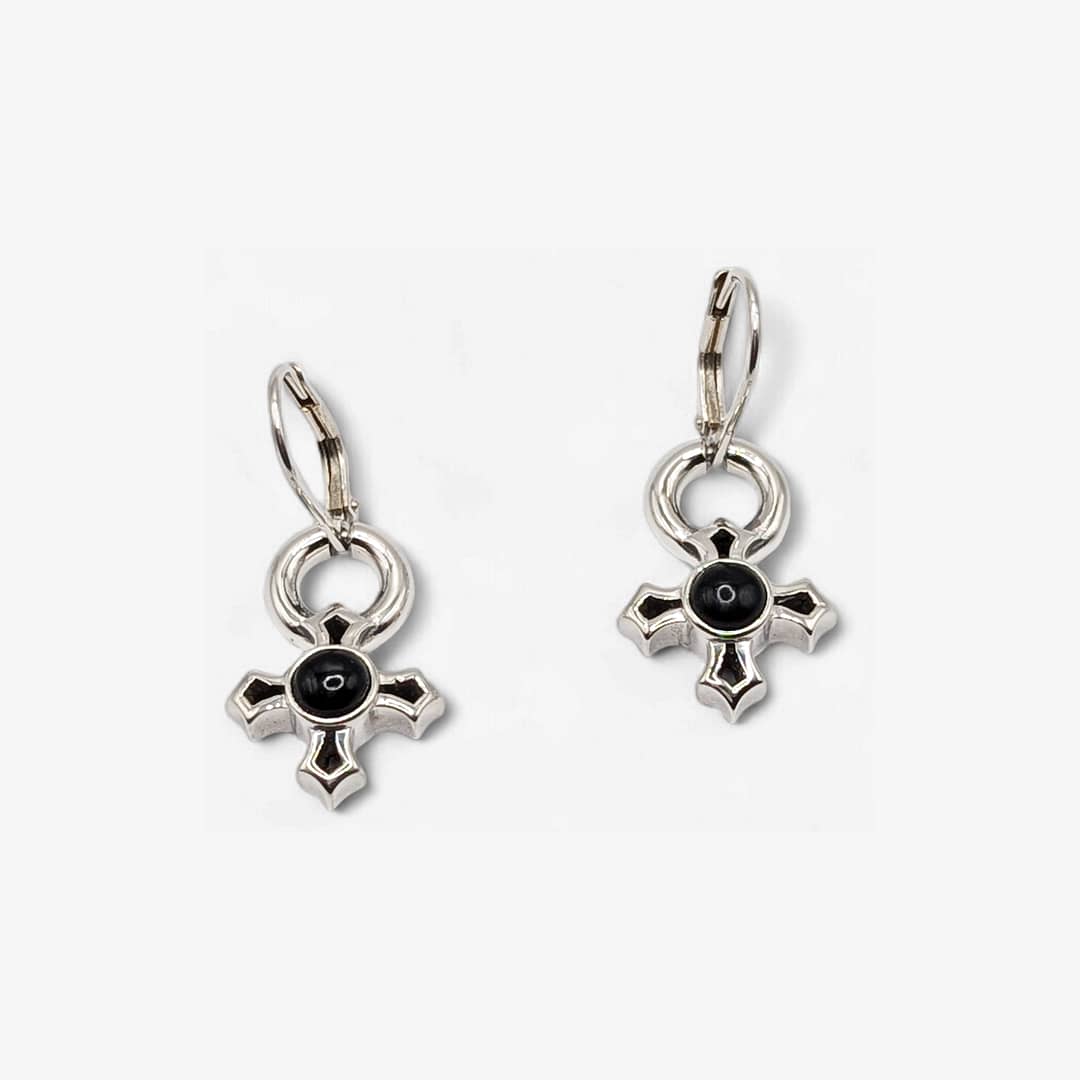 METAL + P SIGN LB G'STONE DROP EARRINGS (925 Black Onyx Cabochon)