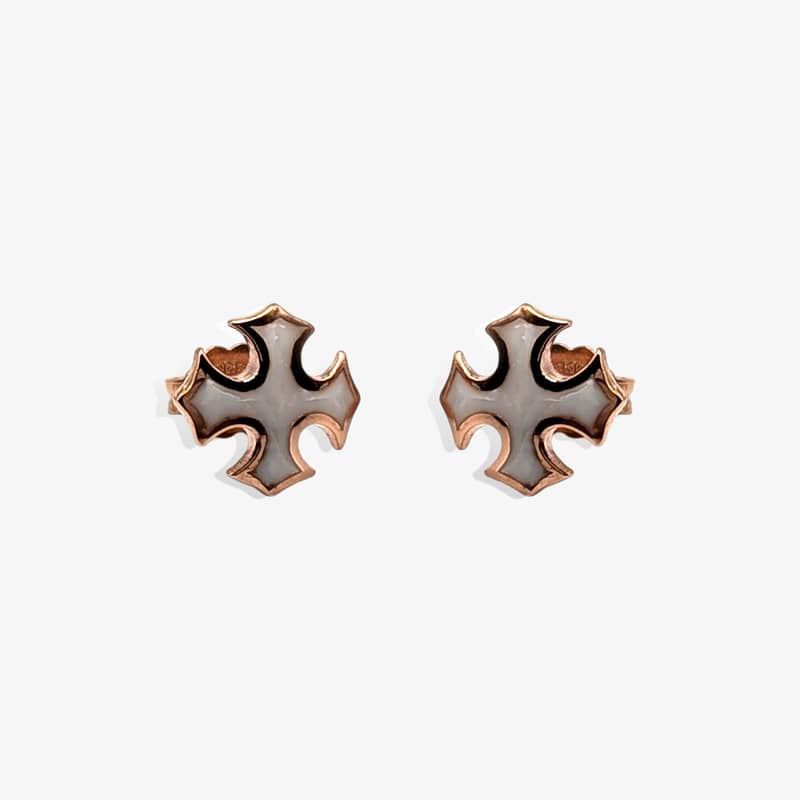 METAL + PS STUD EARRINGS 15 (925 18 K RG Vermeil Cold Enamel White)